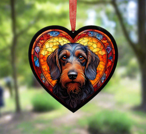 Dachshund Wirehaired Stained Glass Effect Heart Suncatcher